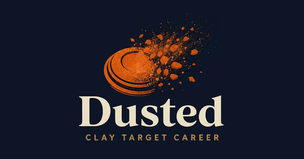 Dusted logo art with a breaking clay target on deep navy